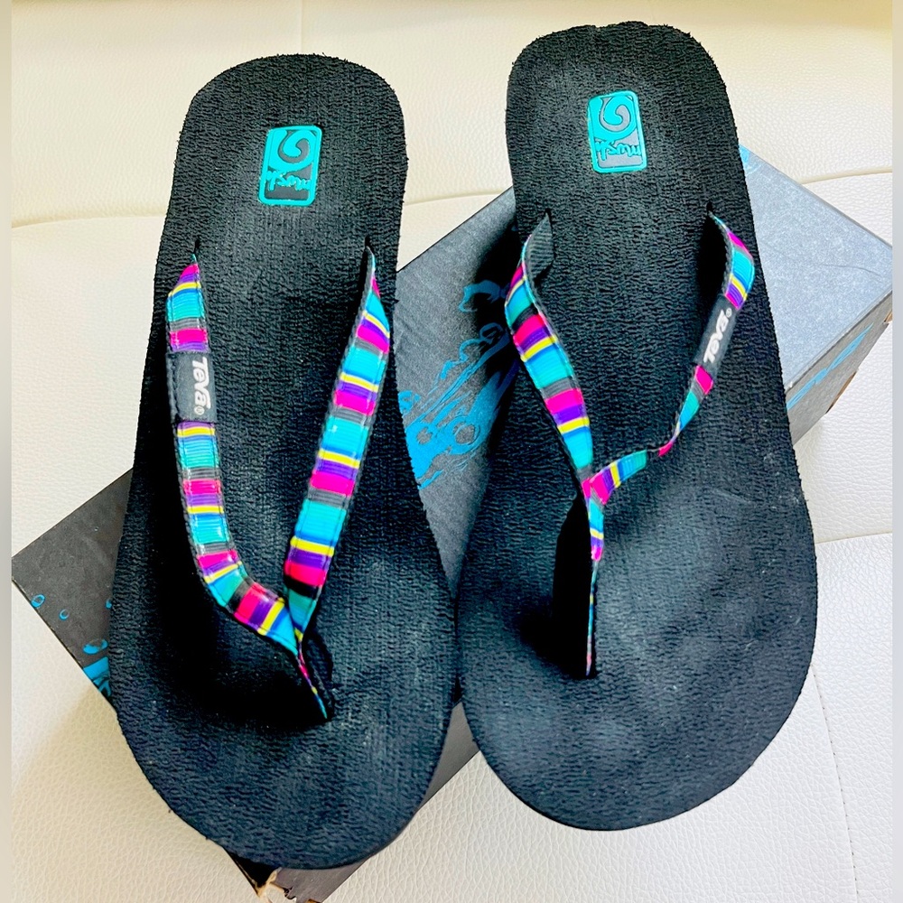 Teva Women's Black and Multicolor Flip Flops